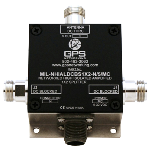 Military High-Isolation Amplified Networked 1x2 GPS Antenna Splitter | 1-input & 2-outputs, TNC Connector