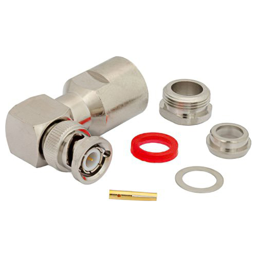 PE4387 BNC Male Connector | 50Ω, Clamp/Solder, Right Angle