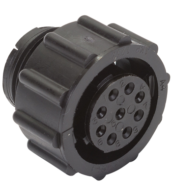 CIRCULAR CONNECTOR/9 position, female, shell size 11, free hanging mount, UL 94 V-0 flammability rating, thermoplastic material, threaded, straight angle, 5/8-24 thread size. CPC series 2.