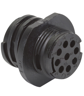 CIRCULAR CONNECTOR/9 position, male, shell size 11, free hanging mount, UL 94 V-0 flammability rating, thermoplastic material, threaded, straight angle, 5/8-24 thread size. CPC series 2.