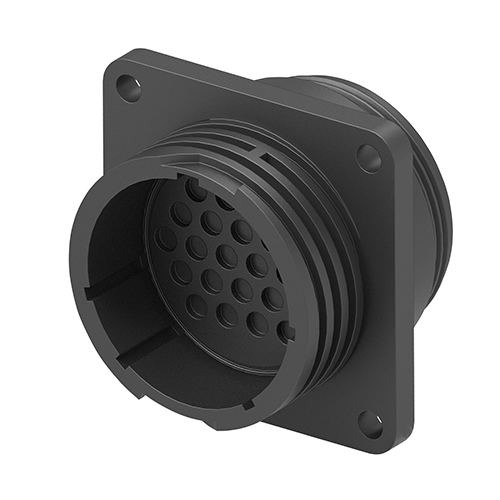 CIRCULAR CONNECTOR/24 position, male, shell size 23, panel mount, UL 94 V-0 flammability rating, thermoplastic material, threaded, straight angle, flange with mounting holes, 1 3/8-18 thread size. CPC series 1.