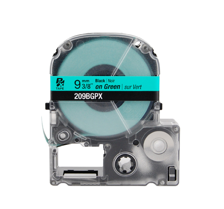 EPSON LABEL WORKS PX LABELING TAPE/Black on Green, 3/8 x 30', 9MM. For use with all EPSON label PX printers and older K-sun models.