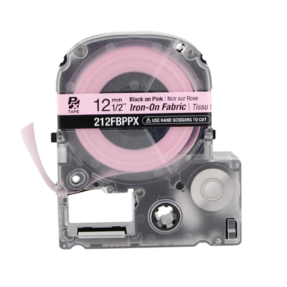 EPSON LABEL WORKS PX IRON ON FABRIC TAPE/Black on pink, 1/2 x 16'4, 12MM. For use with LW-PX900 and older models.