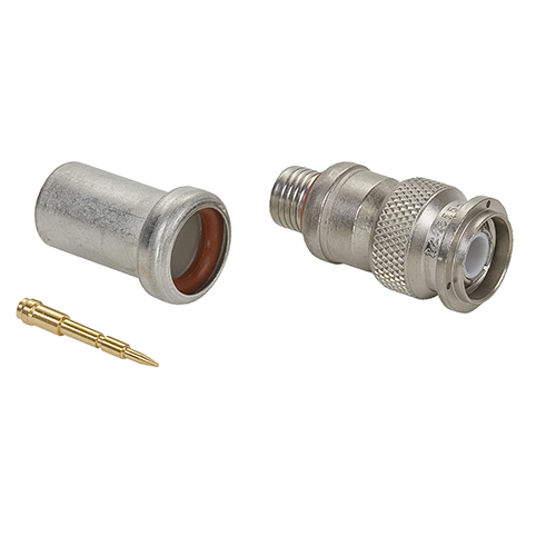 TNC CONNECTOR/Male, plug, dual crimp, 50 Ohms, 11 GHz, straight, nickel. For use with RG-8, RG-8A, RG-213. 