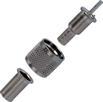 UHF CONNECTOR/Male, plug, 2 GHz, dual crimp, straight, nickel. For use with RG-58, RG-58A, RG-58B, RG-58C. 