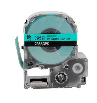 EPSON LABEL WORKS PX LABELING TAPE/Black on Green, 1 1/2 x 30', 36MM. For use with all EPSON label PX printers and older K-sun models.