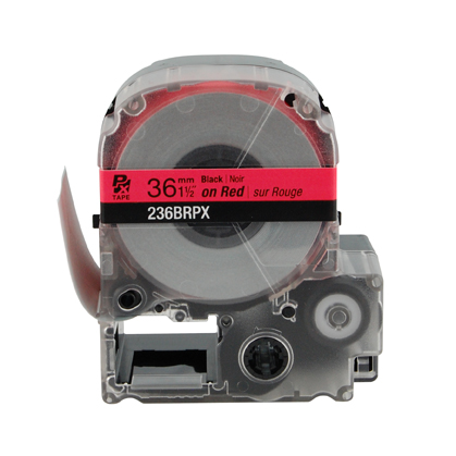 EPSON LABEL WORKS PX LABELING TAPE/Black on Red, 1 1/2 x 30', 36MM. For use with all EPSON label PX printers and older K-sun models.