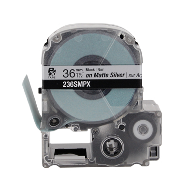 EPSON LABEL WORKS PX LABELING TAPE/Black on Silver Matte, 1 1/2 x 30', 36MM. For use with all EPSON label PX printers and older K-sun models.