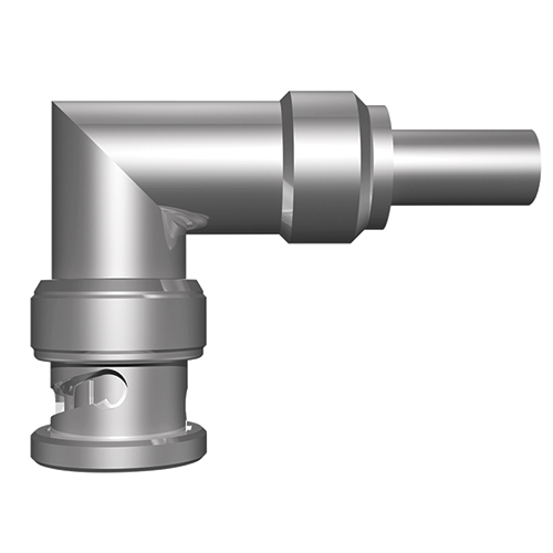 BNC CONNECTOR/Male, right angle, dual crimp, nickel plated, gold contacts, 50 Ohms, 4 GHz. For use with RG-142, RG-142A, RG-142B. 