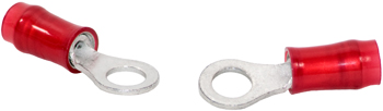 RING TERMINAL/# 8 stud/tab size, female, insulated, red, tin plating, copper material, nylon insulation, 300 VAC. PIDG series. For use with 22-16 gauge wire.