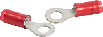 RING TERMINAL/#8 stud/tab size, crimp, female, insulated, red, tin plating, copper material, nylon insulation, 300 VAC. For use with 22-16 gauge wire.