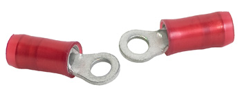 RING TERMINAL/#4 stud/tab size, female, insulated, red, 300 VAC, PIDG series. For use with 22-18 gauge wire.