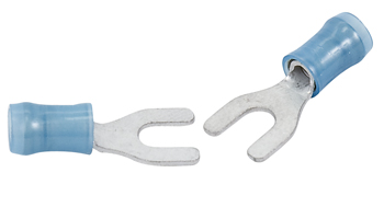 SPADE TERMINAL/#8 stud/tab size, insulation, blue, tin plating, copper material, nylon insulation, 300 VAC. PIDG series. For use with 16-14 gauge wire.