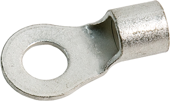 RING TERMINAL/11.11 mm stud/tab size, female, not insulated, tin plating, copper material, 9.39 mm maximum bundle diameter. For use with 2 gauge wire.