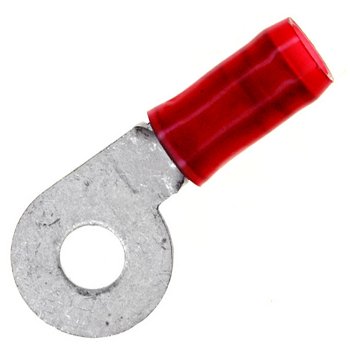 RING TERMINAL/#6 stud/tab size, female, insulated, red, tin plating, copper material, nylong insulation, 300 VAC. PIDG series. For use with 22-16 gauge wire.