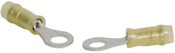 RING TERMINAL/#4 stud/tab size, female, insulated, yellow, tin plating, copper material, nylon insulation, 300 VAC. For use with 26-22 gauge wire.
