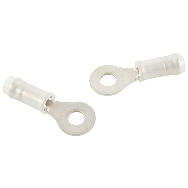 RING TERMINAL/#4 stud/tab size, female, insulated, tin plating, copper material, nylon insulation, 300 VAC. For use with 24-20 gauge wire.
