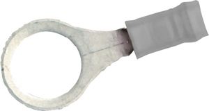 RING TERMINAL/#10 stud/tab size, female, insulated, tin plating, copper material, nylon insulation, 300 VAC. For use with 24-20 gauge wire.