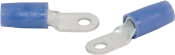 RING TERMINAL/#10 stud/tab size, female, insulated, blue, tin plating, copper material, nylon insulation. For use with 6 gauge wire.