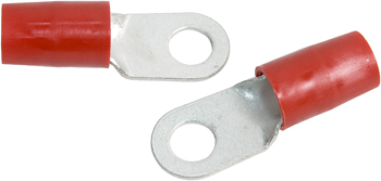 RING TERMINAL/9.53 mm stud/tab size, female, insulated, red, tin plating, copper material, nylon insulation. 324 series. For use with 2 gauge wire.