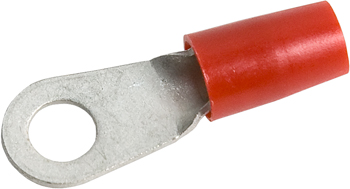 RING TERMINAL/6.35 mm stud/tab size, female, insulated, red, tin plating, copper material, nylon insulation. 324 series. For use with 8 gauge wire.