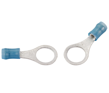 RING TERMINAL/#4 stud/tab size, female, insulated, blue, tin plating, copper material, nylon insulation, 300 VAC. For use with 16-14 gauge wire.