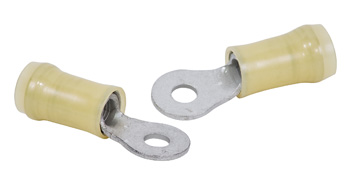 RING TERMINAL/#6 stud/tab size, female, insulated, yellow, tin plating, copper material, nylon insulation, 300 VAC. PIDG series. For use with 12-10 gauge wire.