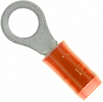 RING TERMINAL/#10 stud/tab size, female, insulation, red, tin plating, copper material, nylon insulation, 21.44 mm in length, 300 VAC. For use with 22-16 gauge wire.