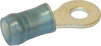 RING TERMINAL/#6 stud/tab size, female, insulated, blue, tin plating, copper material, nylon insulation, 21.82 mm in length, 300 VAC. For use with 16-14 gauge wire.