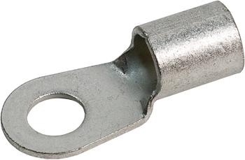 RING TERMINAL/11.11 mm stud/tab size, female, not insulated, tin plating, copper material, 11.28 mm maximum bundle diameter, straight angle, wire mount. For use with 1/0 gauge wire. 