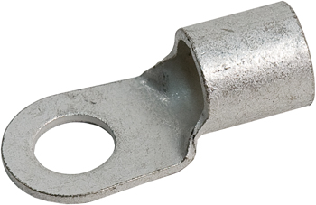 RING TERMINAL/12.7 mm stud/tab size, female, not insulated, tin plating, copper material, 12.8 mm maximum bundle diameter, straight angle. For use with 2/0 gauge wire.