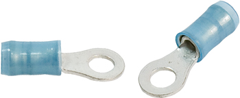 RING TERMINAL/#8 stud/tab size, female, insulated, blue, tin plating, copper material, nylon insulation, 21.44 mm in length, 300 VAC. PIDG series. For use with 16-14 gauge wire.