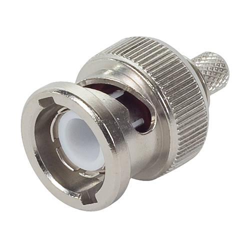 BNC CONNECTOR/Male, dual crimp, 75 Ohms, 4 GHz, straight. For use with RG59, RG-59A, RG-59B, RG-62, RG-62A, RG-62B. ROHS compliant.