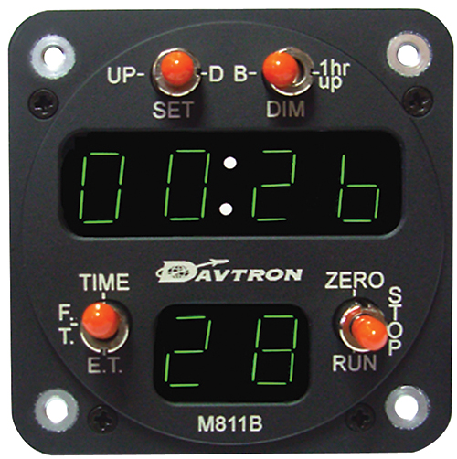 CHRONOMETER/M811 Digital clock with flight time reset. Displays universal time, local time and flight time, 24 hour LT, 2 1/4 internal mount, 6 digit display, NVIS Green A option.