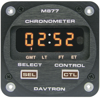 CHRONOMETER/LED Digital clock with 5V illuminating buttons. Displays Universal time, Local time, Flight time, and Elapsed time. 2 1/4 internal mount.  2-button control, Sunlight readable, Automatic dimming. 
