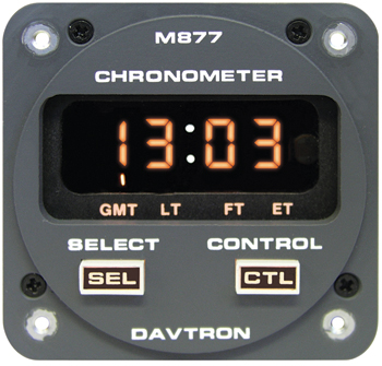 CHRONOMETER/LED Digital clock. Gray faceplate with 28V illuminating buttons. Displays Universal time, Local time, Flight time, and Elapsed time. 2 1/4 internal mount.  2-button control, Sunlight readable, Automatic dimming. 