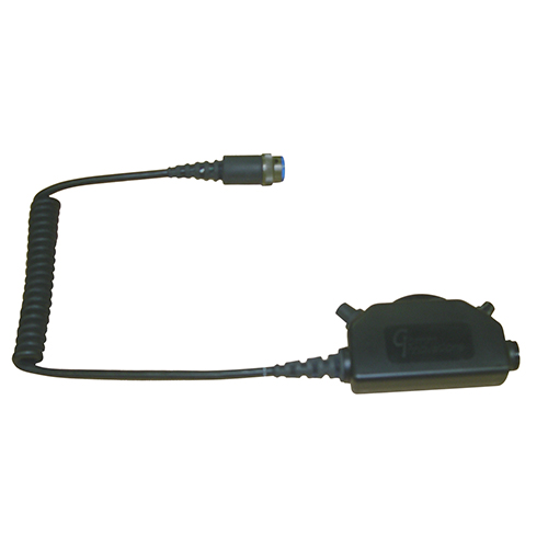 SWITCH and CABLE ASSEMBLY/Black case with large clothing clip, TJT-120 jack, military headset to civilian ICS impedance matching circuit, volume control, ICS key PTT (push-to-talk) switch, 10' coil cable with MS3476W10-6P type plug. 
