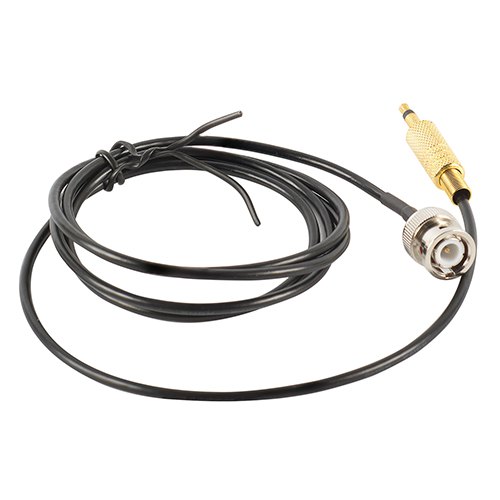 4ft coaxial cable terminated with male BNC on one end for connection to the handheld radio and 3.5mm plug