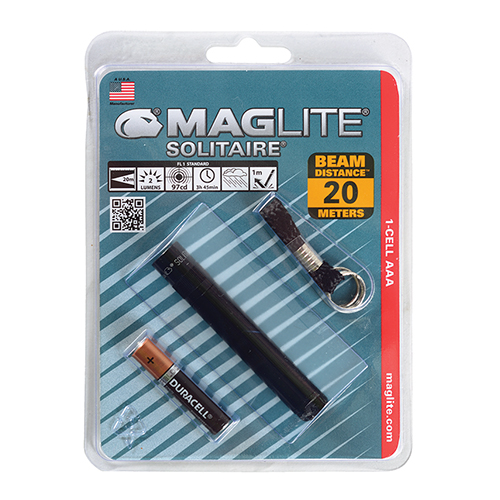 MAG-LITE SOLITAIRE FLASHLIGHT HANG PACK/Black, includes: flashlight, key chain and 1 ea AAA alkaline battery.
