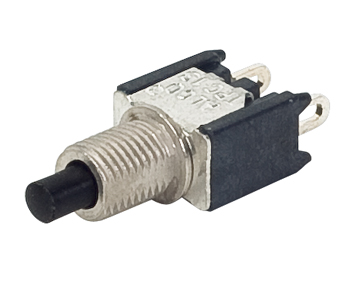 PUSHBUTTON SWITCH/SPST (single pole single throw), panel mount, silver plating, momentary push, black, off-(on)