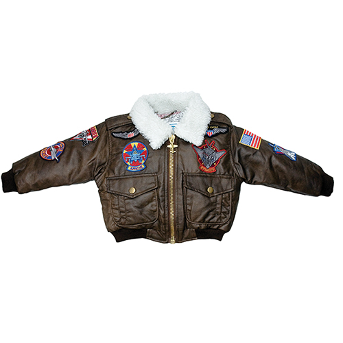 Youth Bomber Jacket | Brown, Simulated Leather, With Patches, Youth 14-16